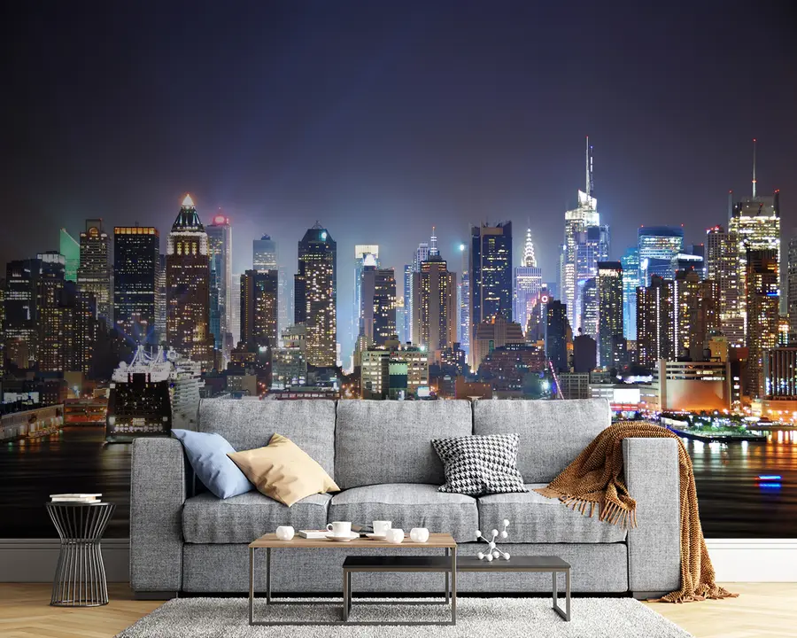 Carta da parati con la vista di città Edificio, grattacielo e acqua 