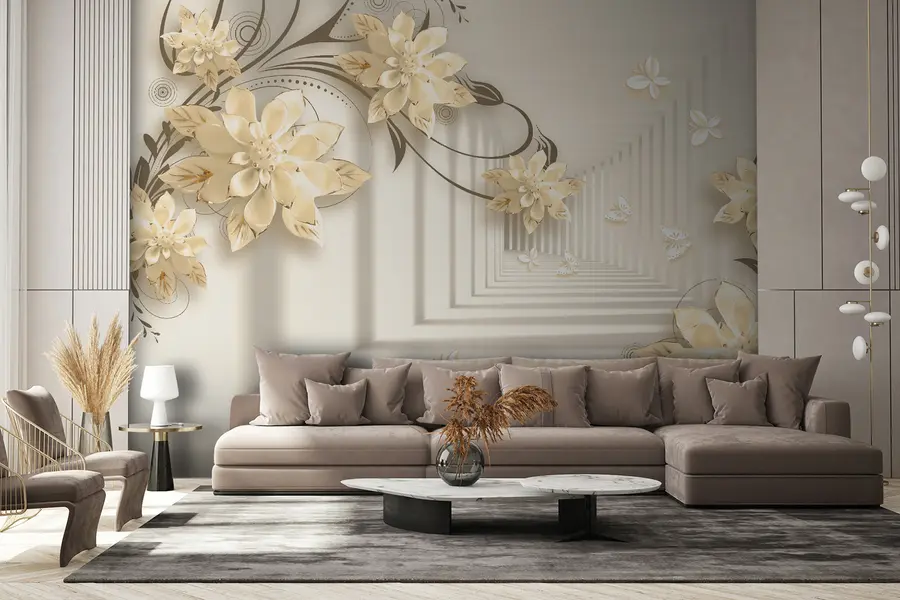 Carta da parati 3D Fiori Pianta, bianco e giallo, tunnel in tonalità pastello n. u21861v2