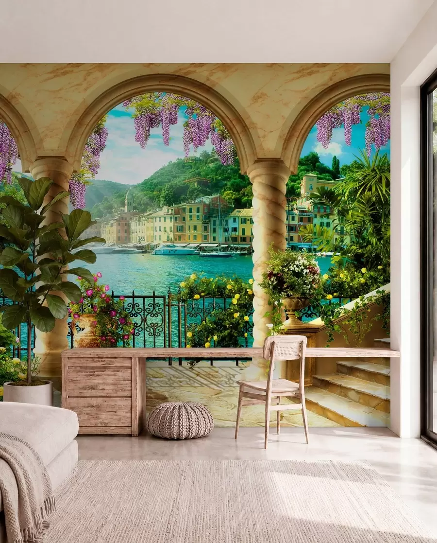 Carta da parati con la vista di città Fiore, acqua e pianta 