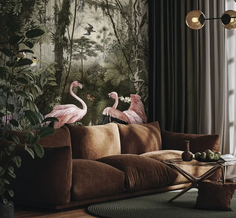 carta da parati Uccelli tropicali e fenicotteri nella giungla nr. u73568