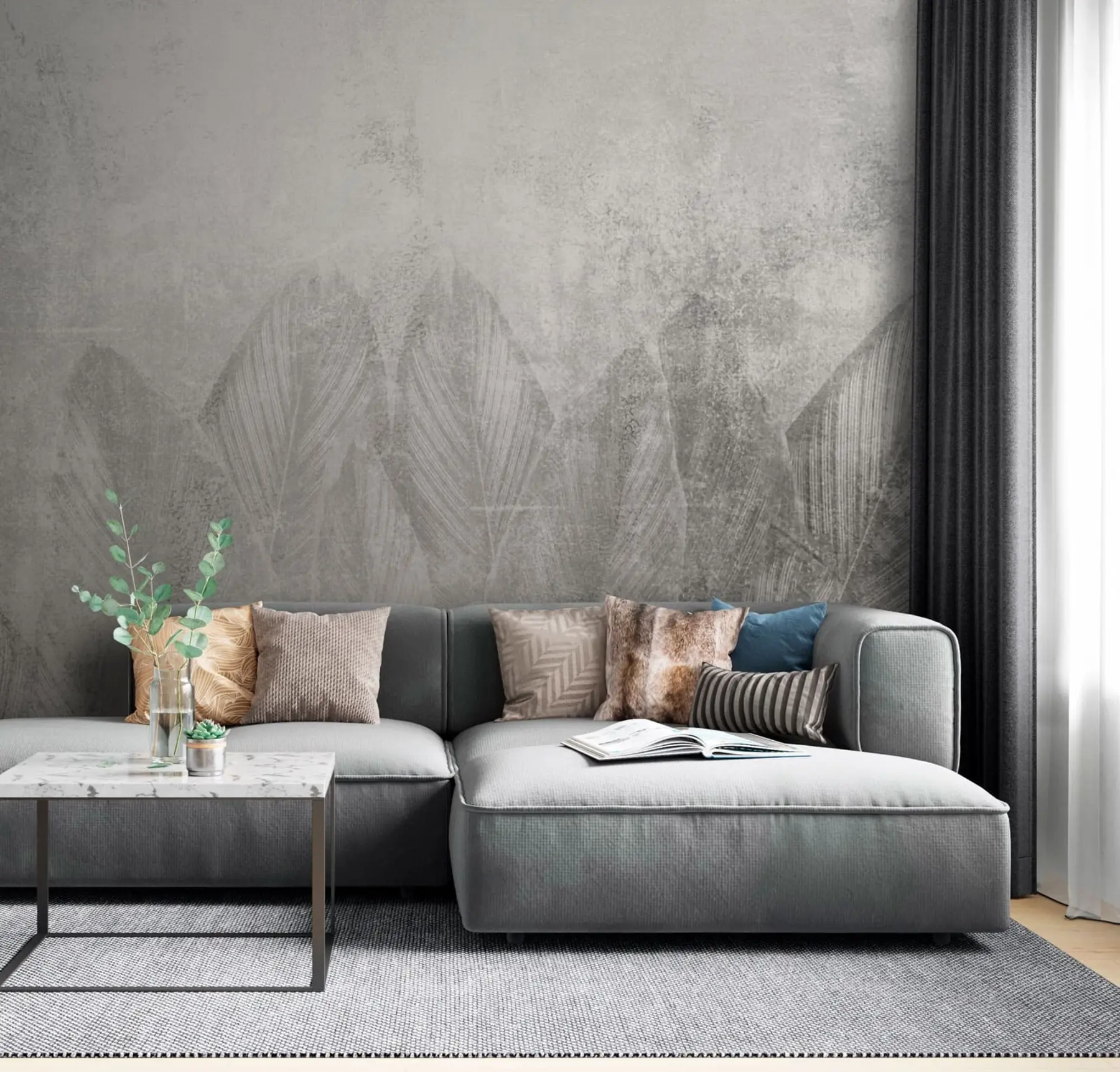 carta da parati Decorazioni moderne foglie di palma su uno sfondo in cemento nr. u73876