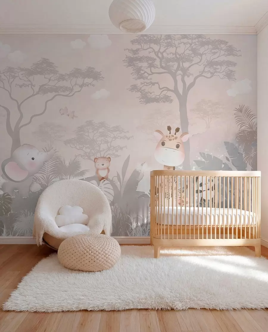 Carta da parati per Bambini Piccolo safari in rosa 