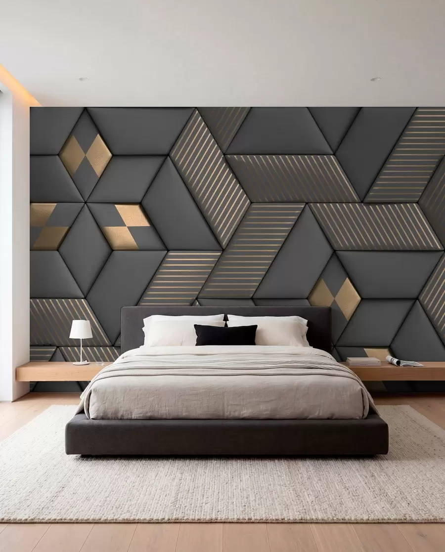 Carta da parati  Forme geometriche 3D Cubi grafite e oro
