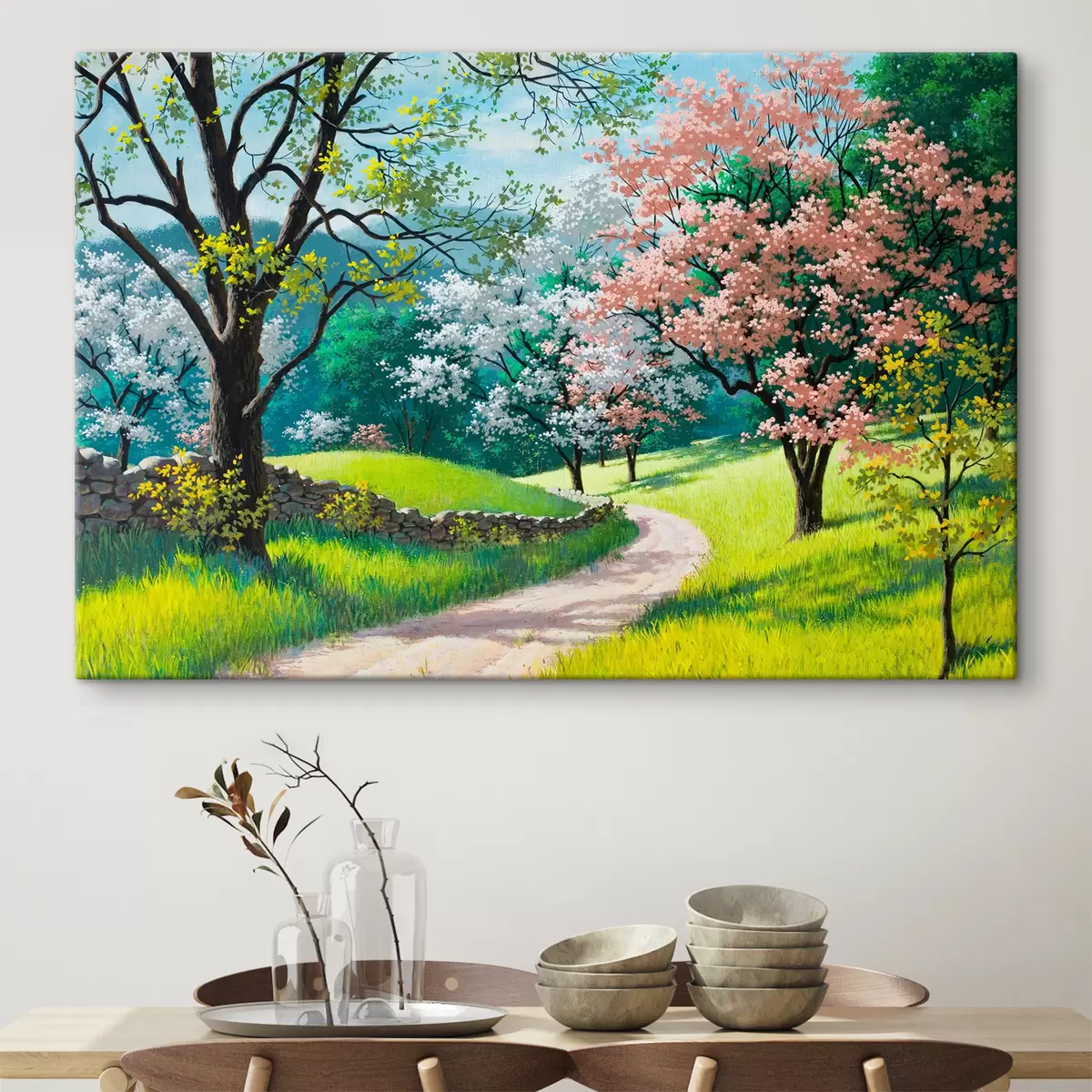 carta da parati Alberi da frutto in fiore, sentiero del villaggio nr. s15350