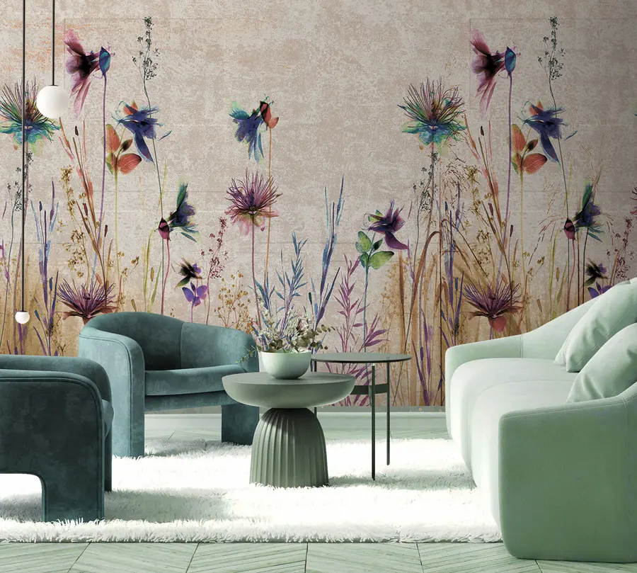 Carta da parati nature Fiori alti insoliti su uno sfondo beige 