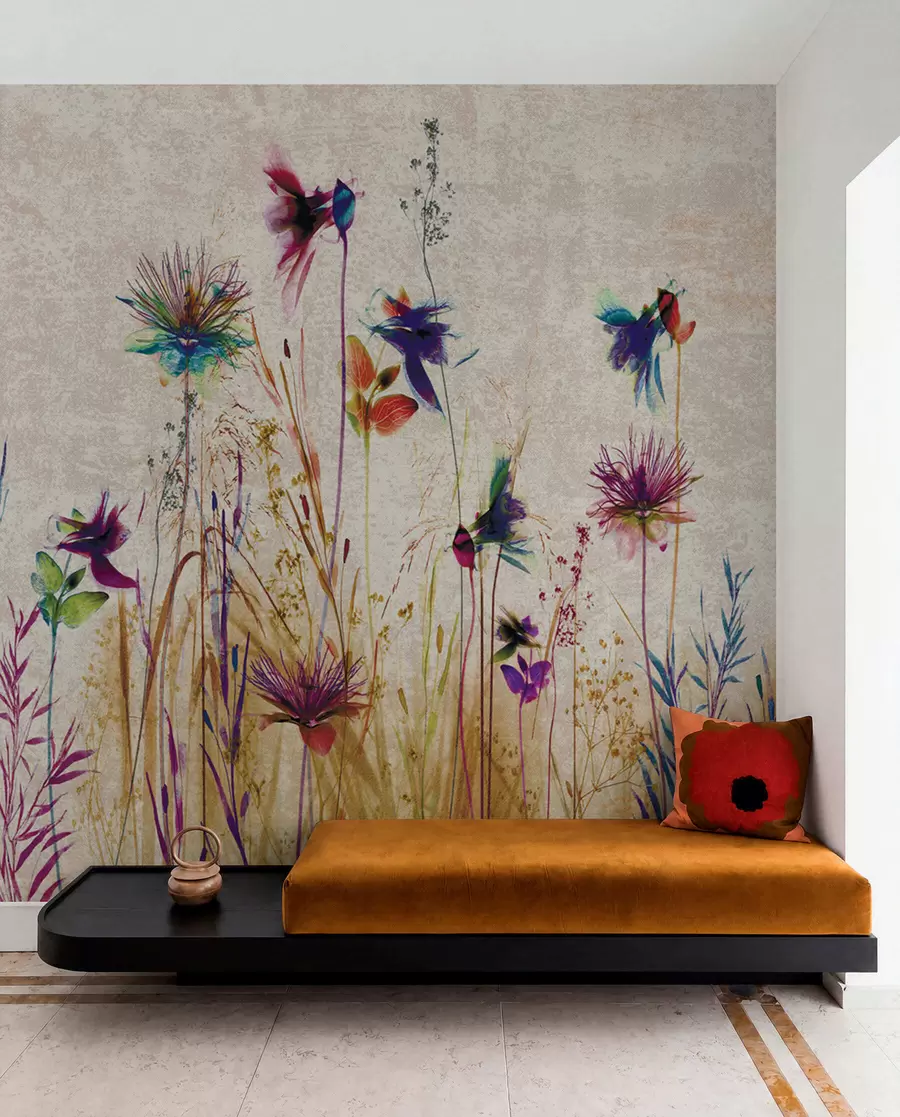 Carta da parati nature Fiori alti insoliti su uno sfondo beige 