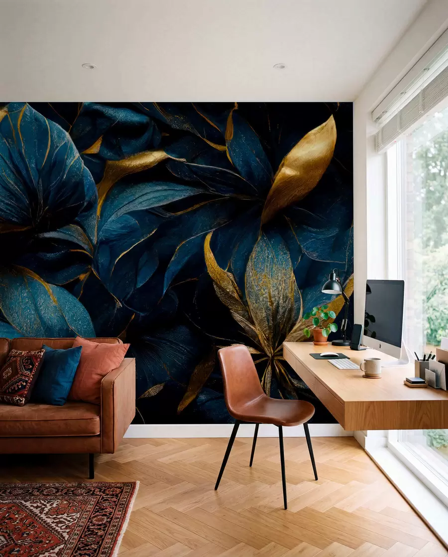 Carta da parati 3D Petali blu e riflessi dorati 
