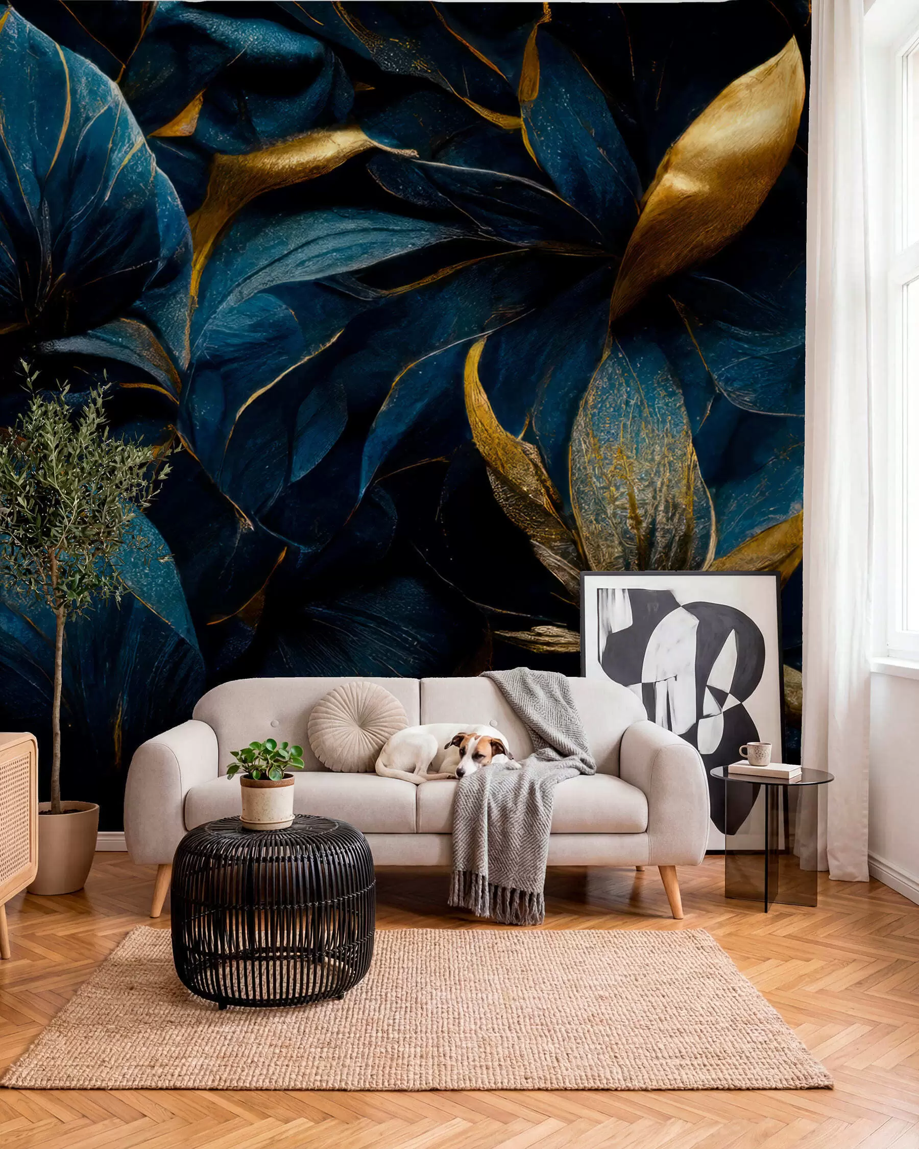 Carta da parati 3D Petali blu e riflessi dorati 