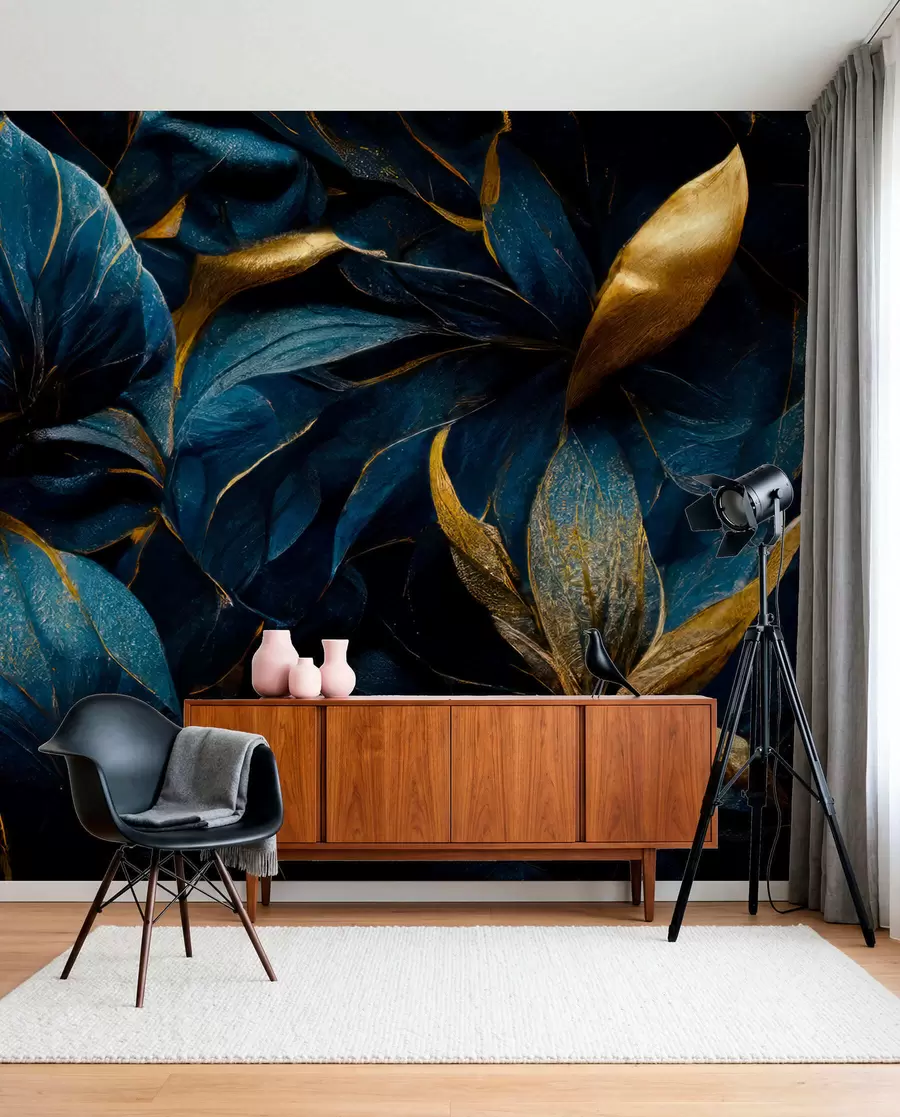 Carta da parati 3D Petali blu e riflessi dorati 