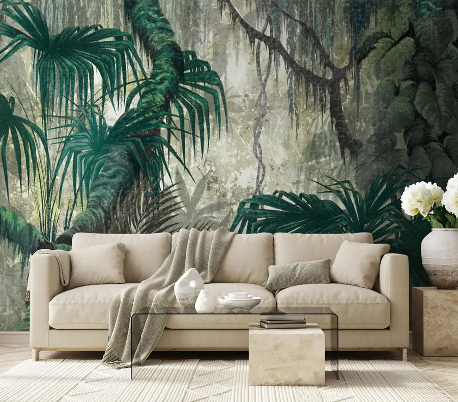 carta da parati Piante tropicali e alberi su uno sfondo strutturato nr. u78695