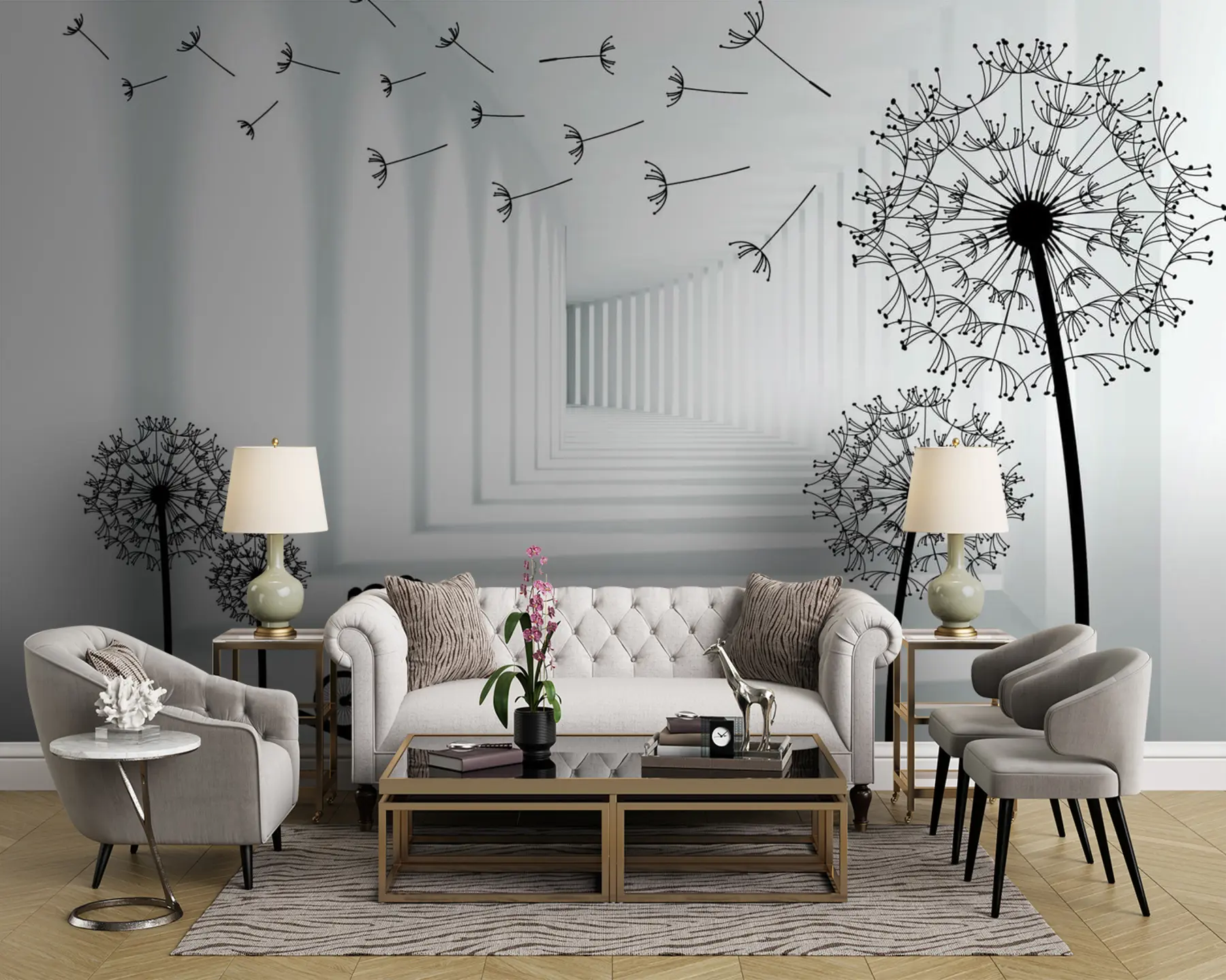 Carta da parati Floreale Sagome di denti di leone nel tunnel n. u63551