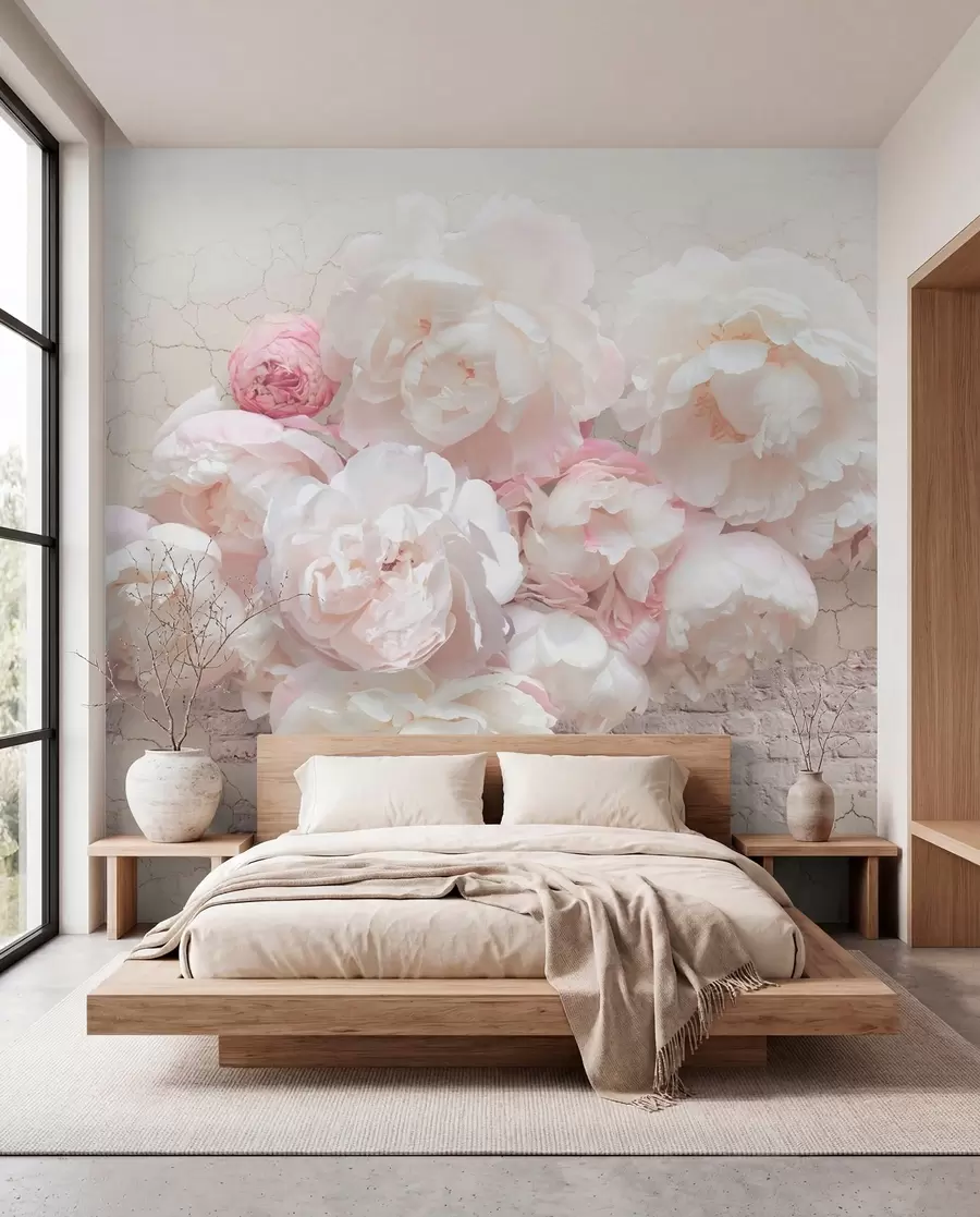 Carta da parati Floreale Peonie bianche su un muro fatiscente n. u79549