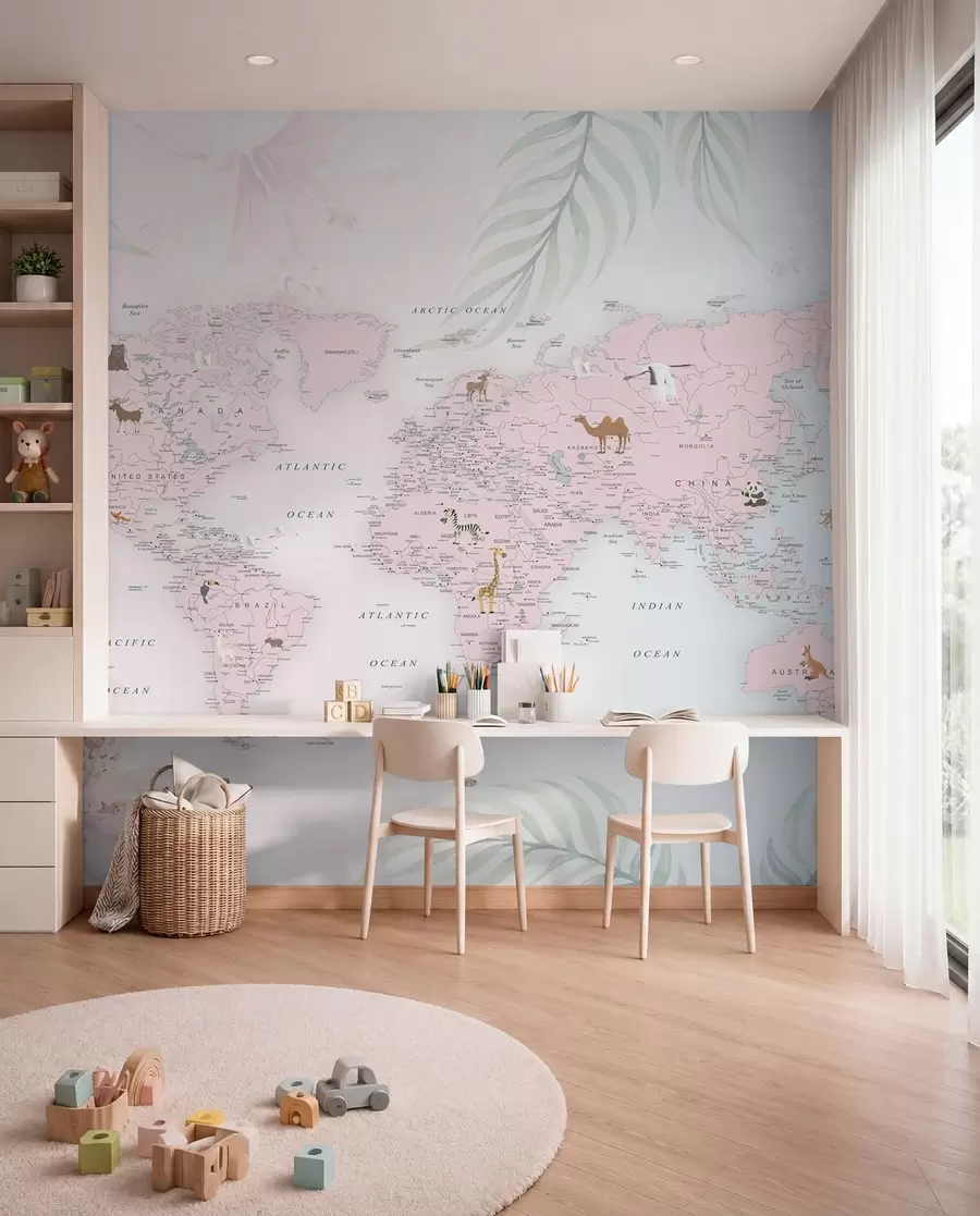 carta da parati Mappa del mondo per ragazze in stile rosa nr. u79832