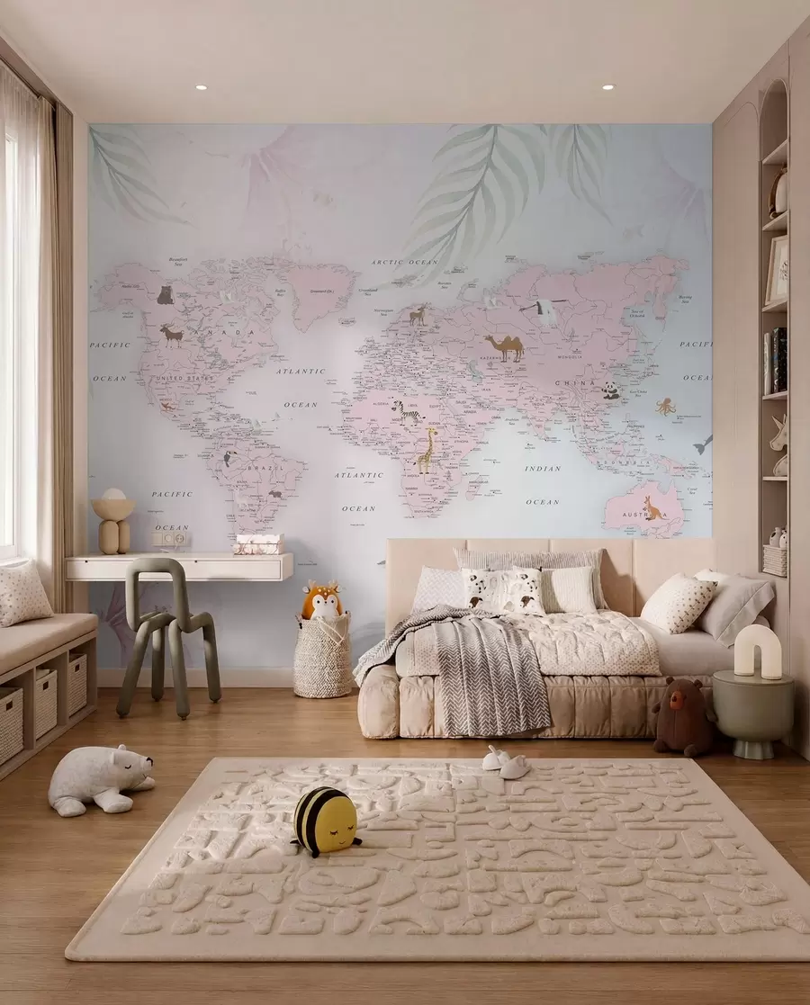 carta da parati Mappa del mondo per ragazze in stile rosa nr. u79832