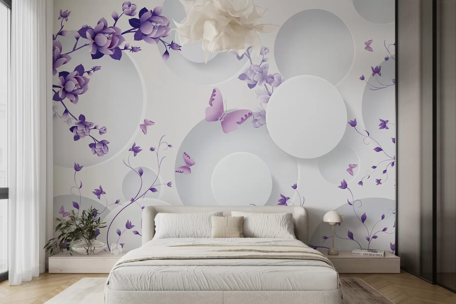 Carta da parati 3D Forme 3D con fiori e farfalle 