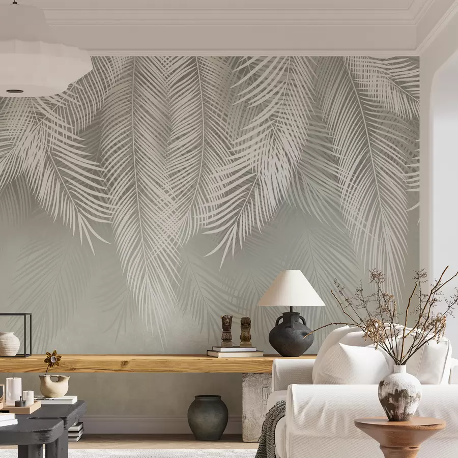 Carta da parati Tropici della Foresta Palmi bianchi di rami su uno sfondo verde n. u74489