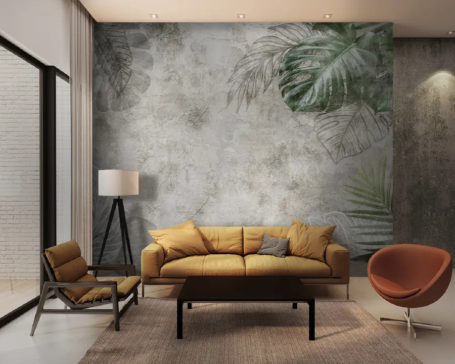 carta da parati Foglie tropicali su un muro invecchiato nr. u93964