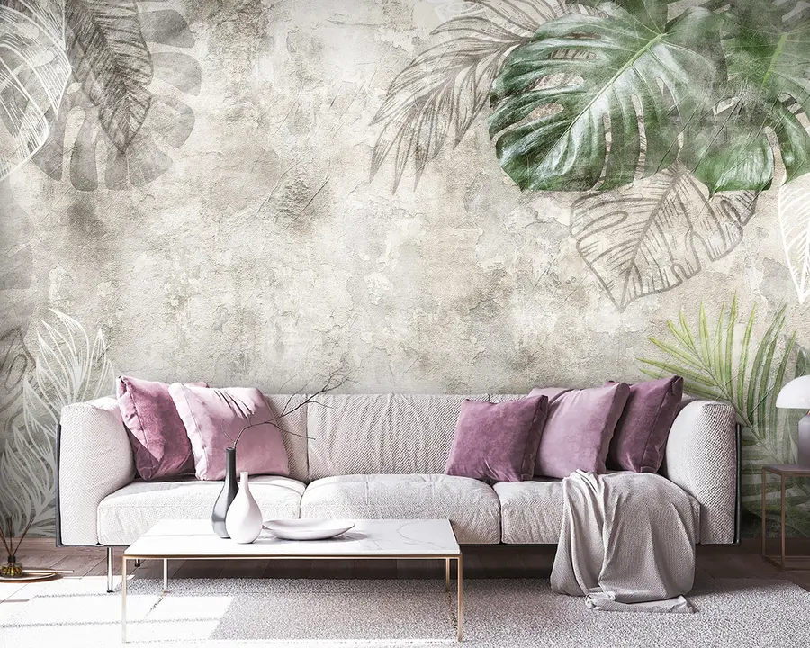 carta da parati Foglie tropicali su un muro invecchiato nr. u93964