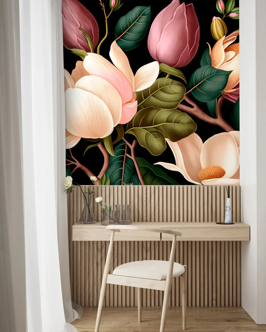 Carta da parati Floreale Bouquet di fiori su un ramo di albero su uno sfondo nero n. u74756