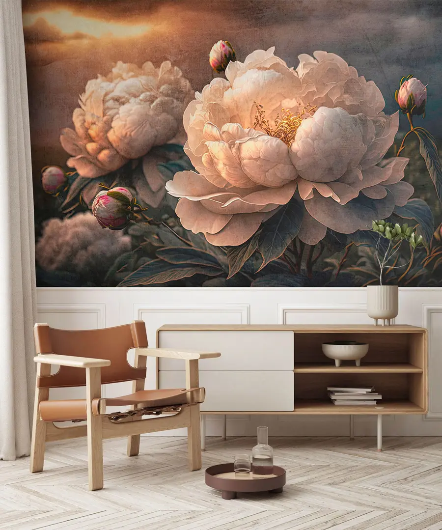 Carta da parati Floreale Belle peonie bianche sotto i raggi del tramonto n. u74774