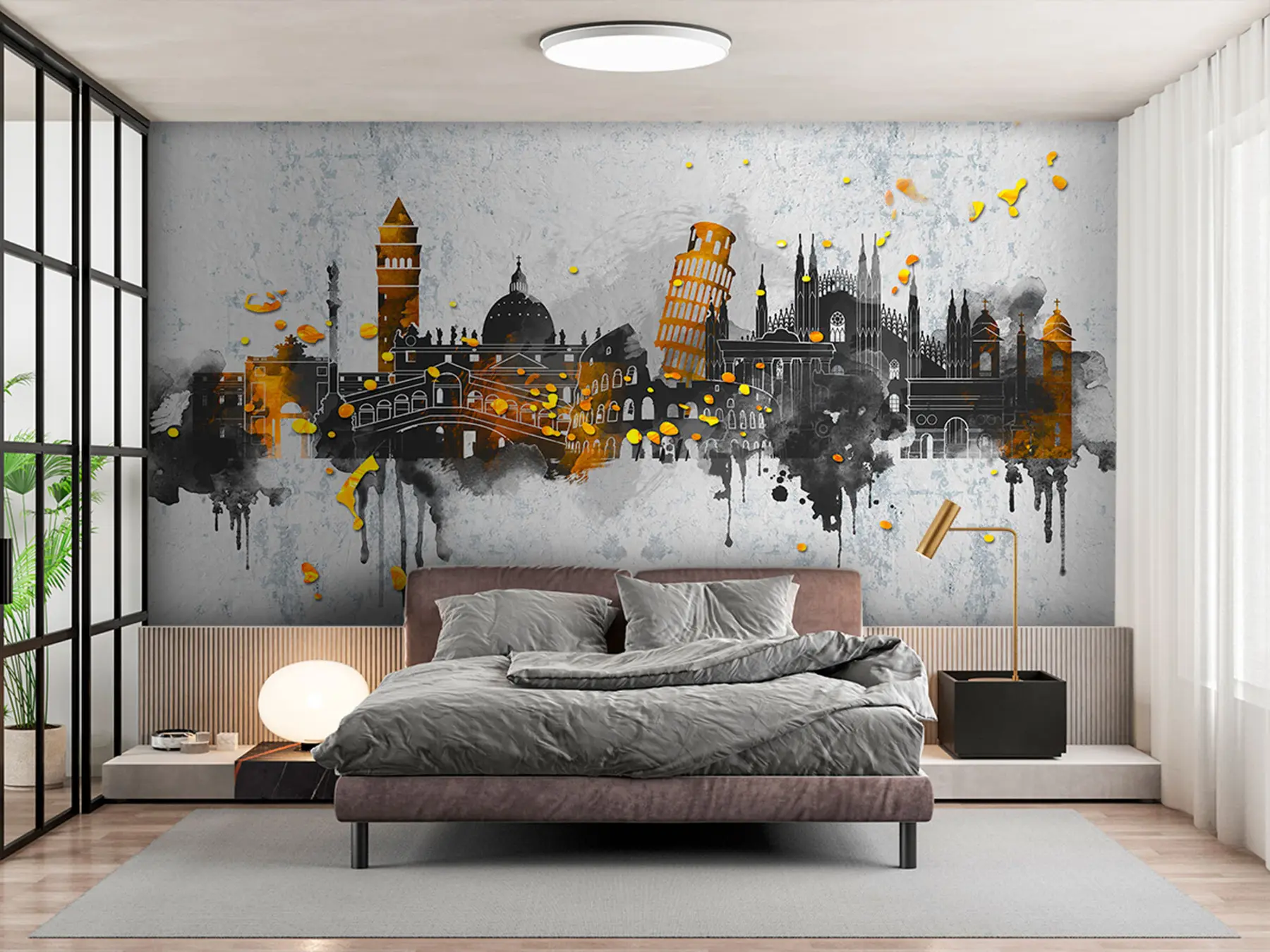 Carta da parati con la vista di città Silhouette scure di attrazioni di città famose 