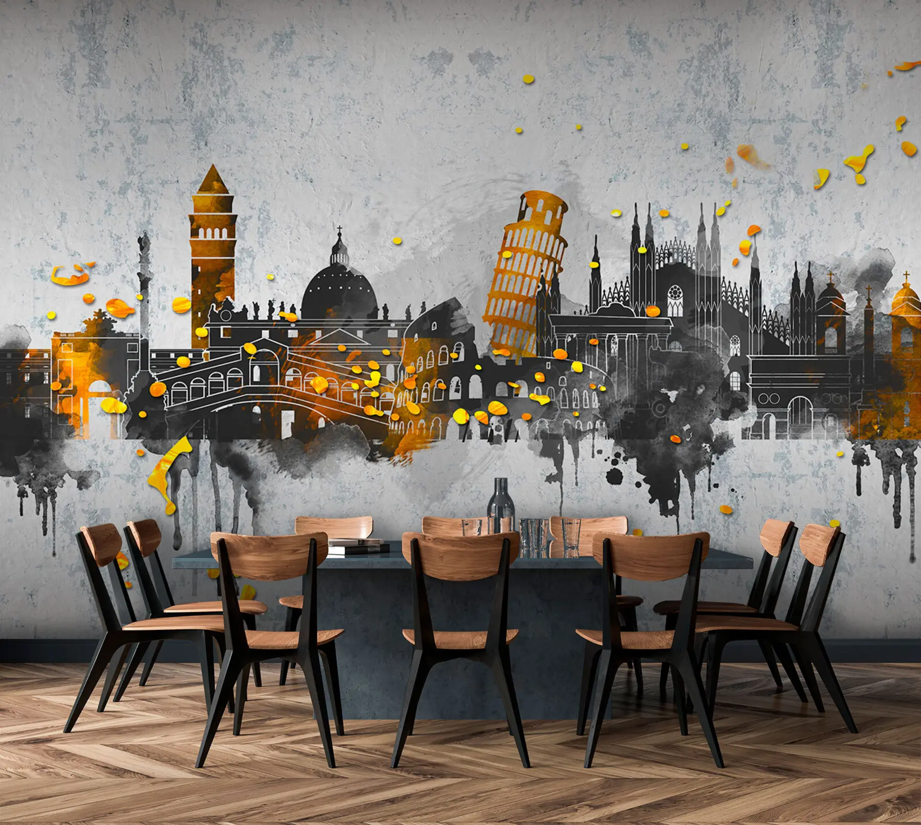 Carta da parati con la vista di città Silhouette scure di attrazioni di città famose 