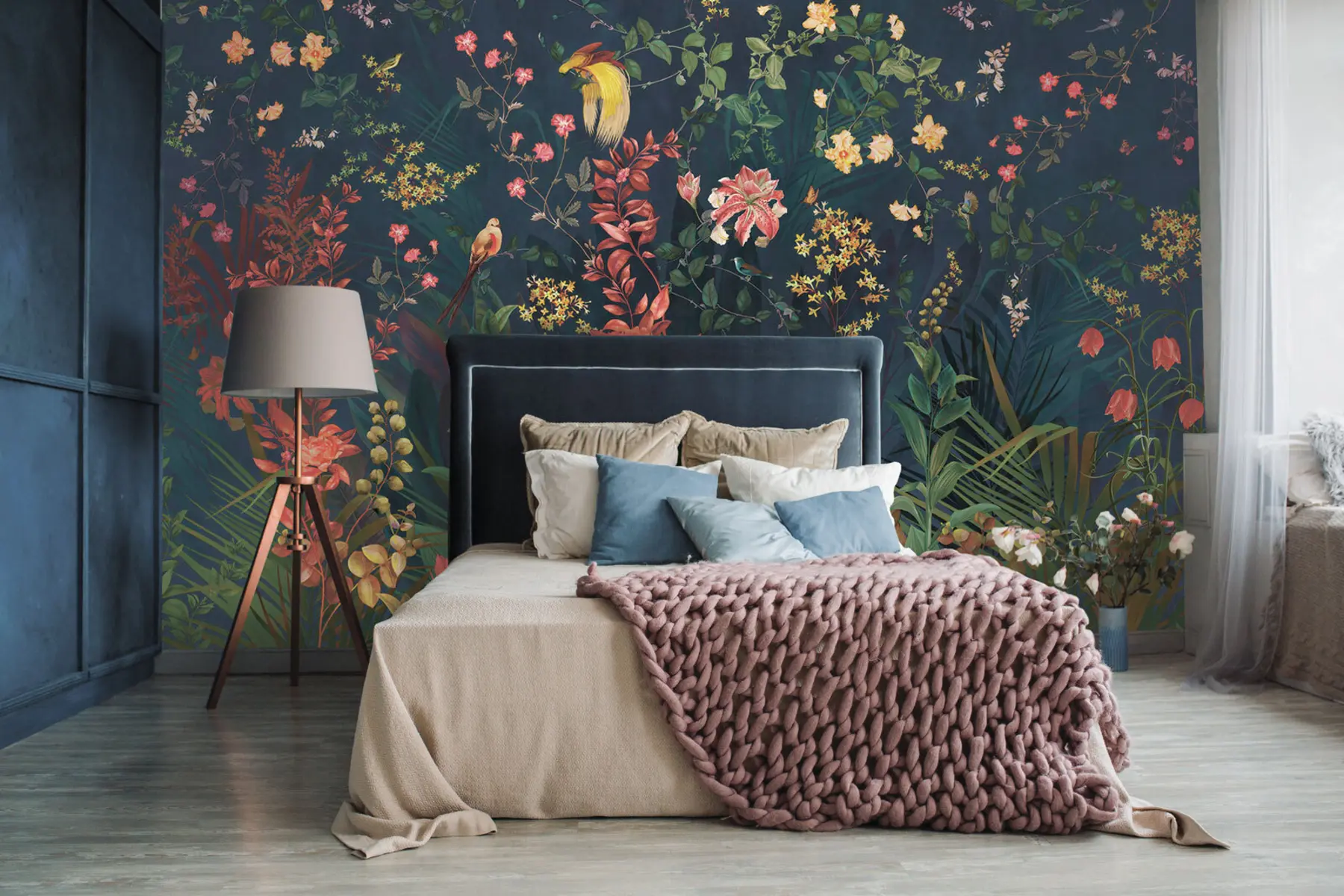 Carta da parati nature Rami luminosi e uccellini in stile cineserie 