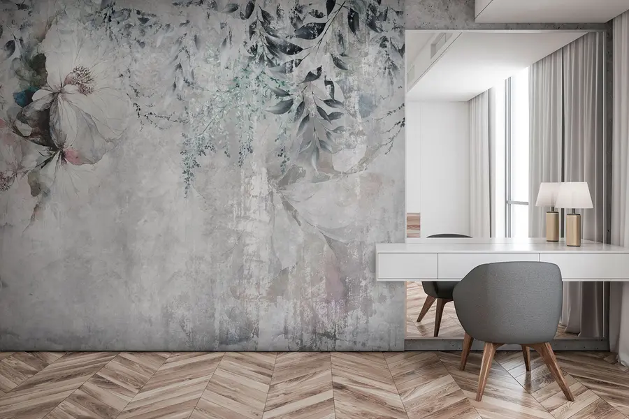 Carta da parati Floreale Stile grunge con rami e boccioli bianchi n. u74746