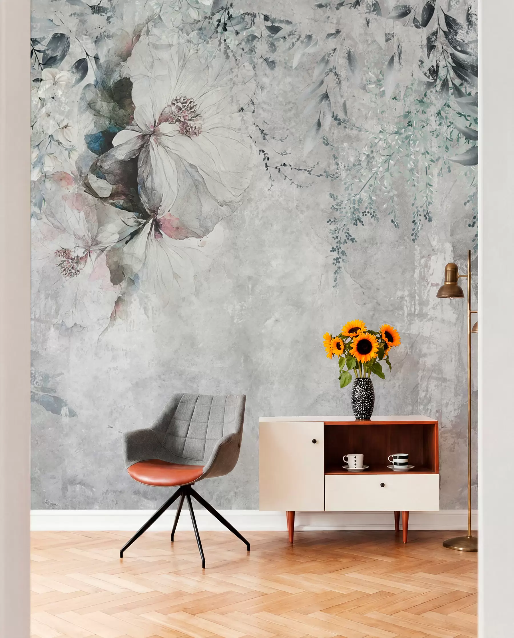 Carta da parati Floreale Fiori su grigio vissuto n. u74746