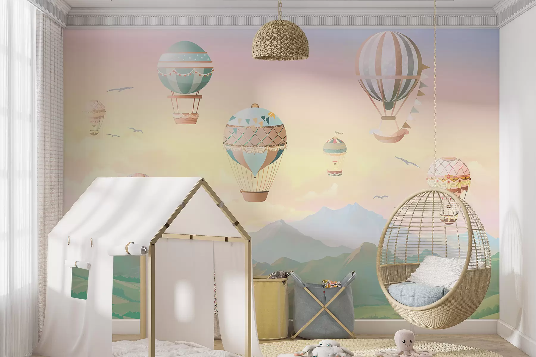 Carta da parati per Bambini Una favolosa valle con palloncini 