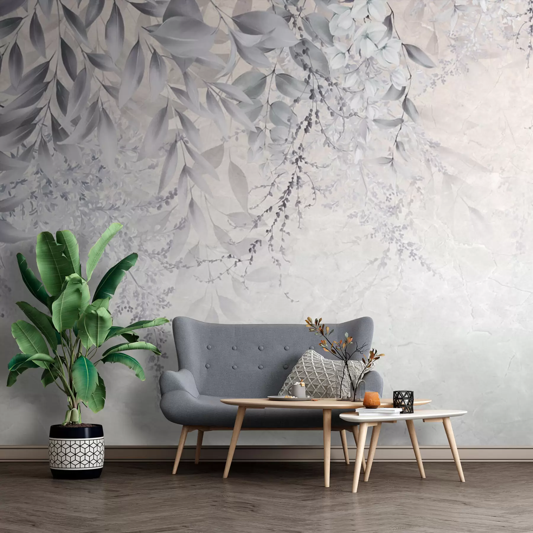 carta da parati Foglie grigie con fiori nr. u94228
