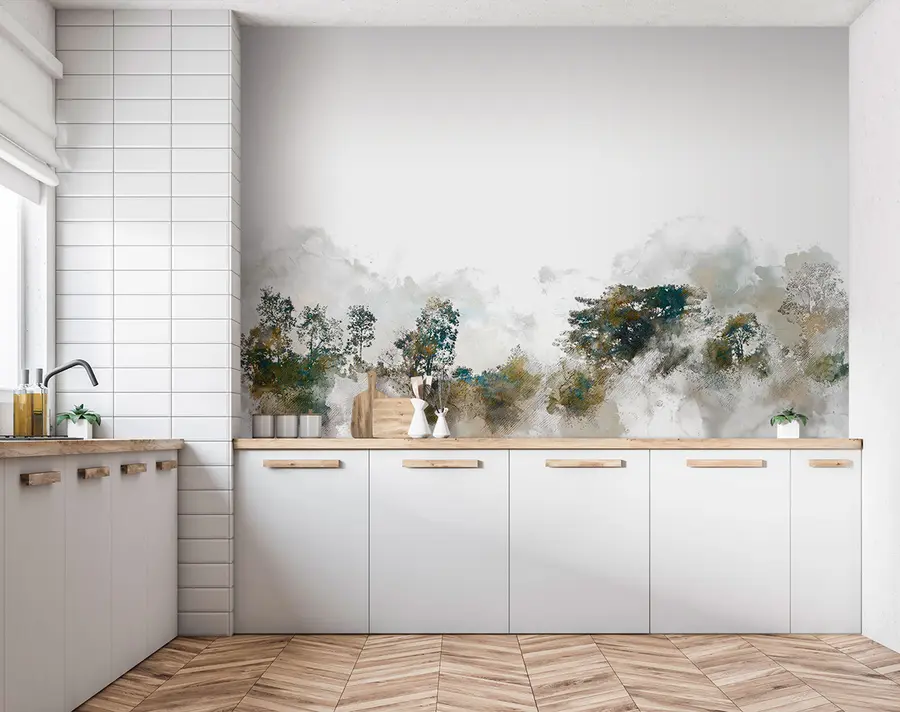 carta da parati Paesaggio ad acquerello con albero di pittura ad acquerello nr. u75377