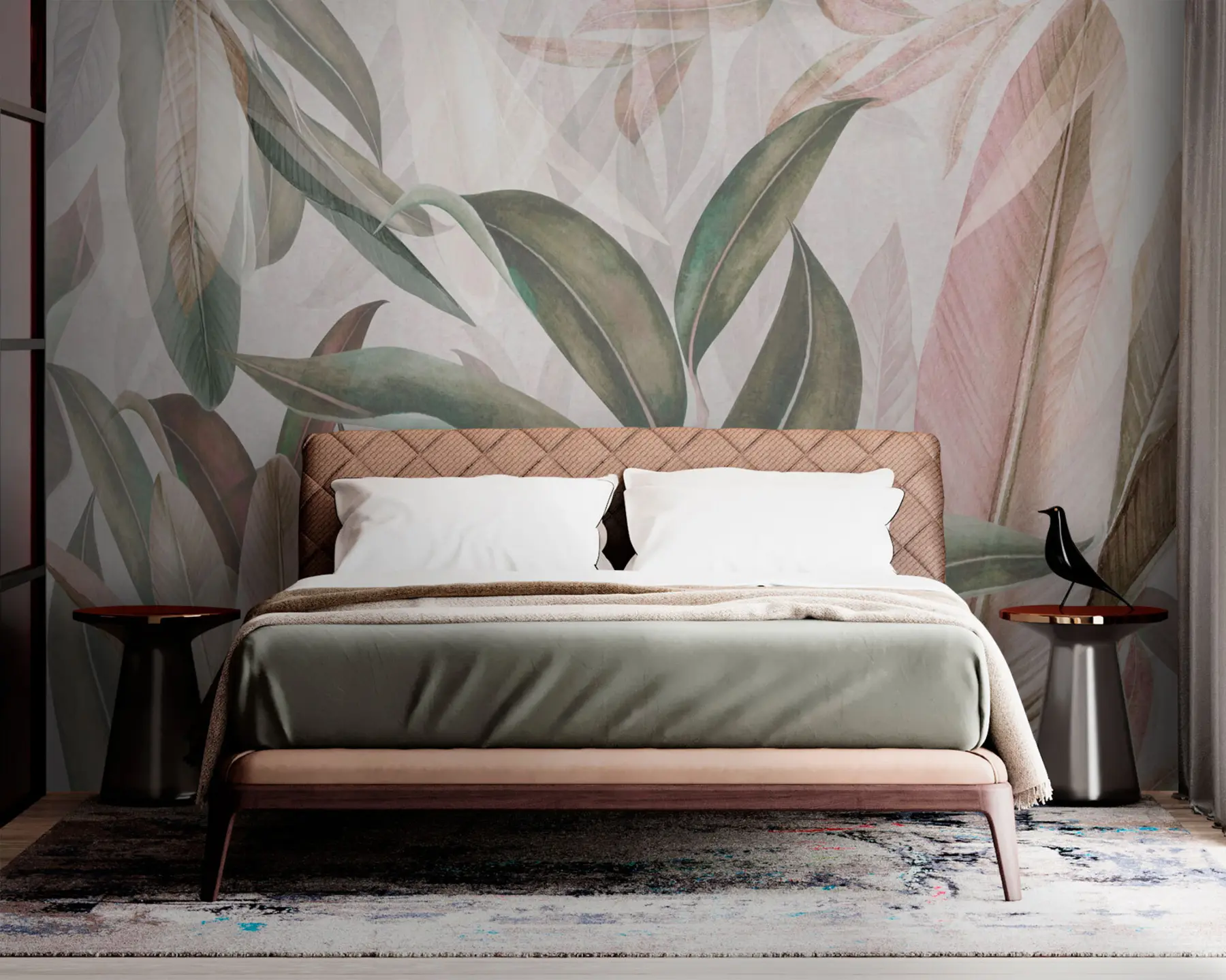 Carta da parati Tropici della Foresta Foglie di palma verde e rosa n. u94302