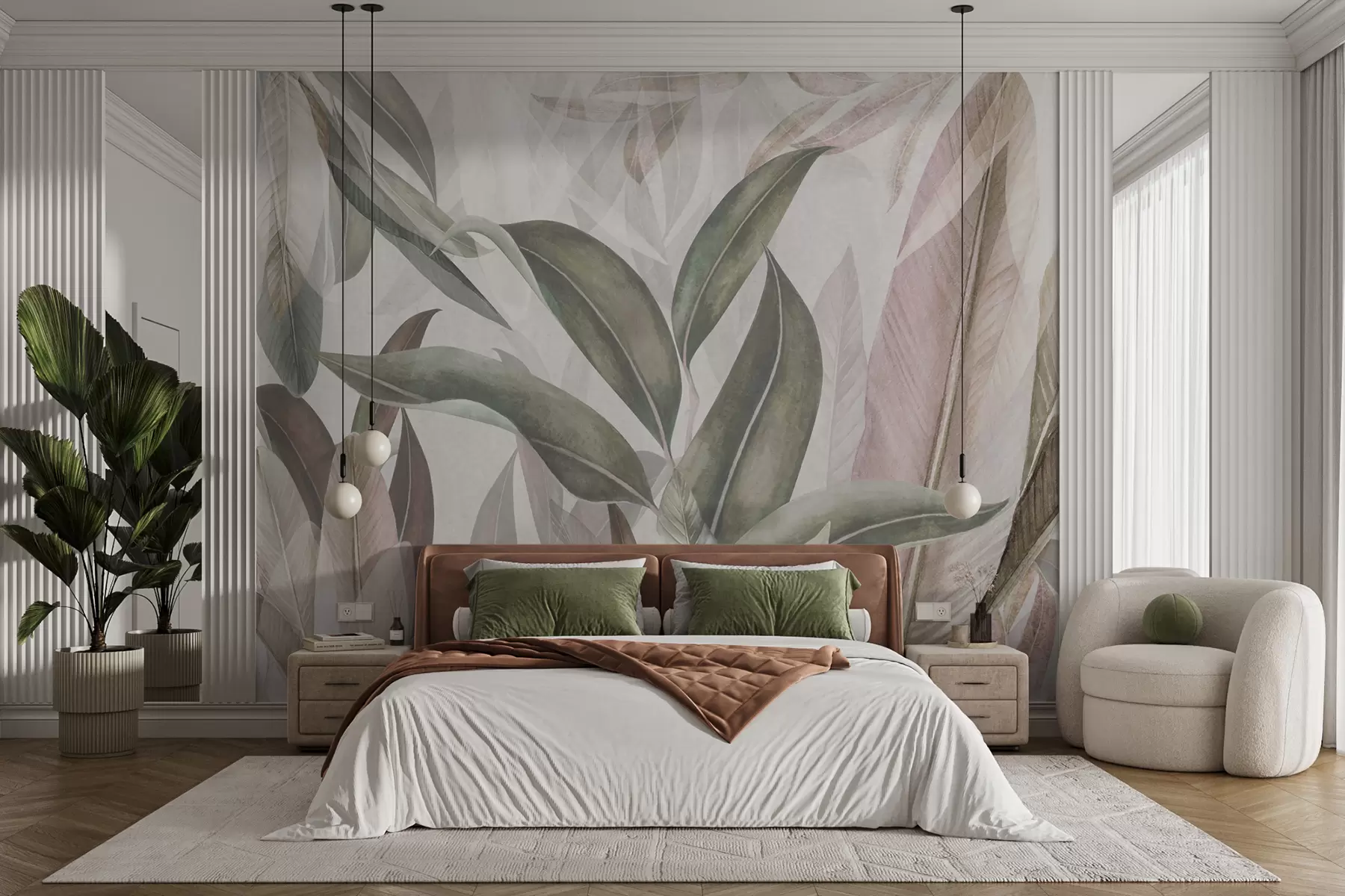 Carta da parati Tropici della Foresta Foglie di palma verde e rosa n. u94302