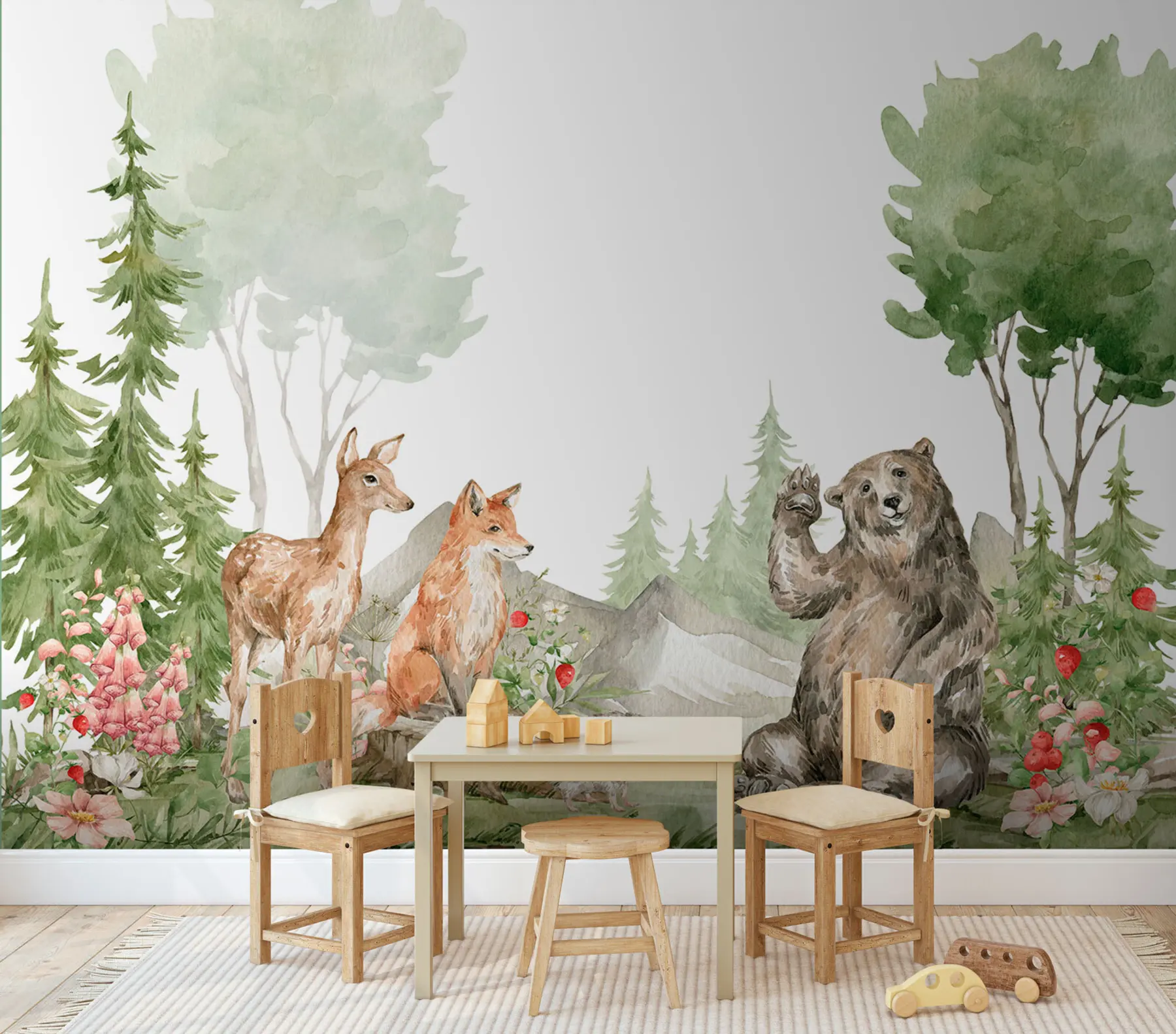 Carta da parati per Bambini Composizione ad acquerello con animali forestali ed elementi della natura 
