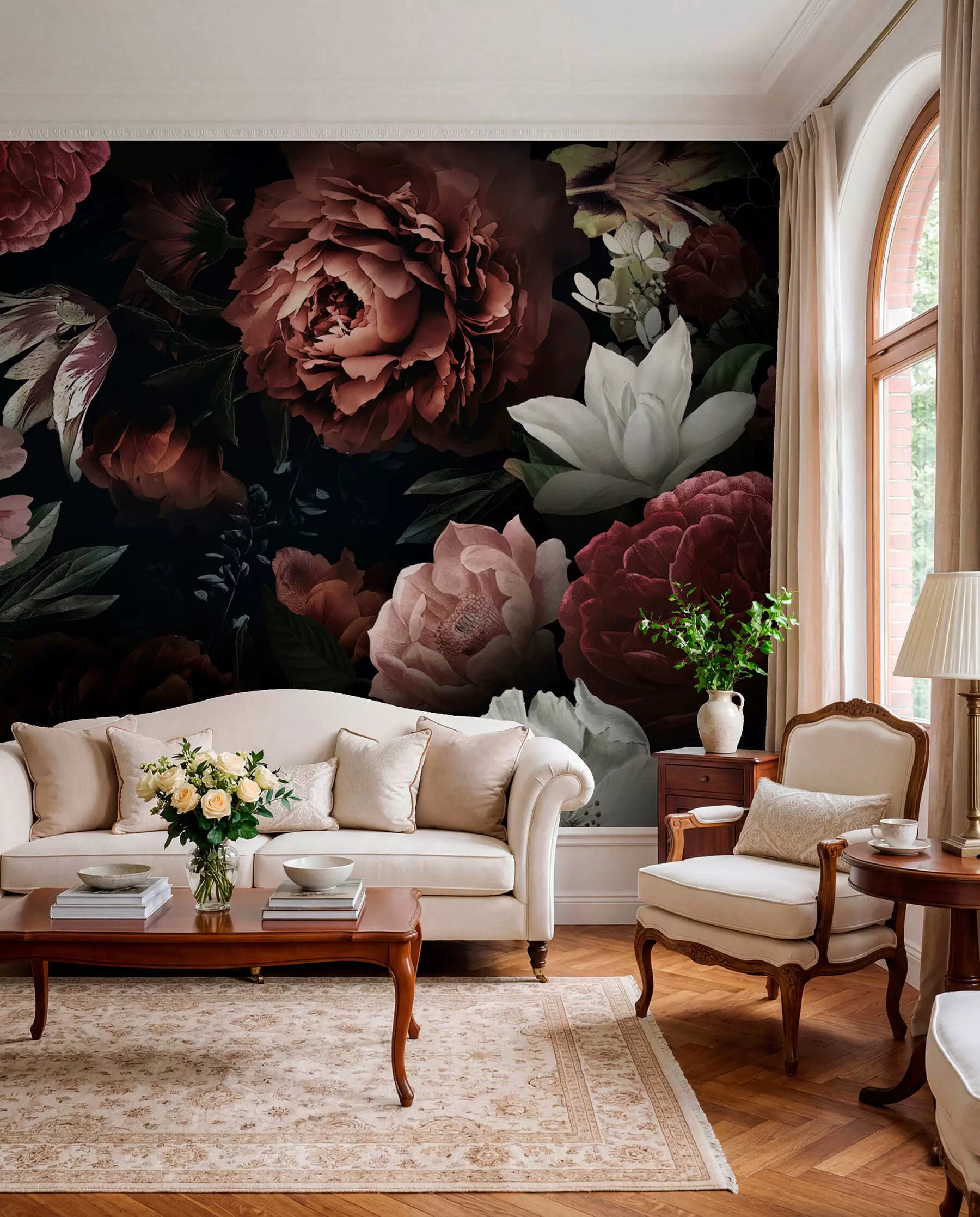 Carta da parati Fiori grandi Rose dipinte su fondo nero n. u94330