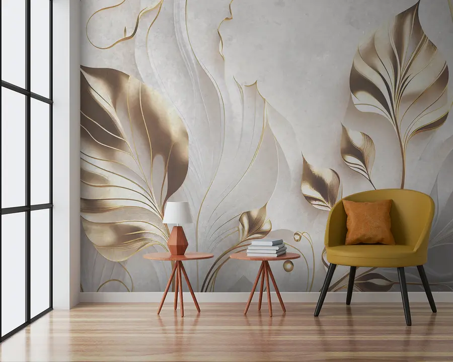 Carta da parati Foglie 3D Foglie delicate su un muro di cemento