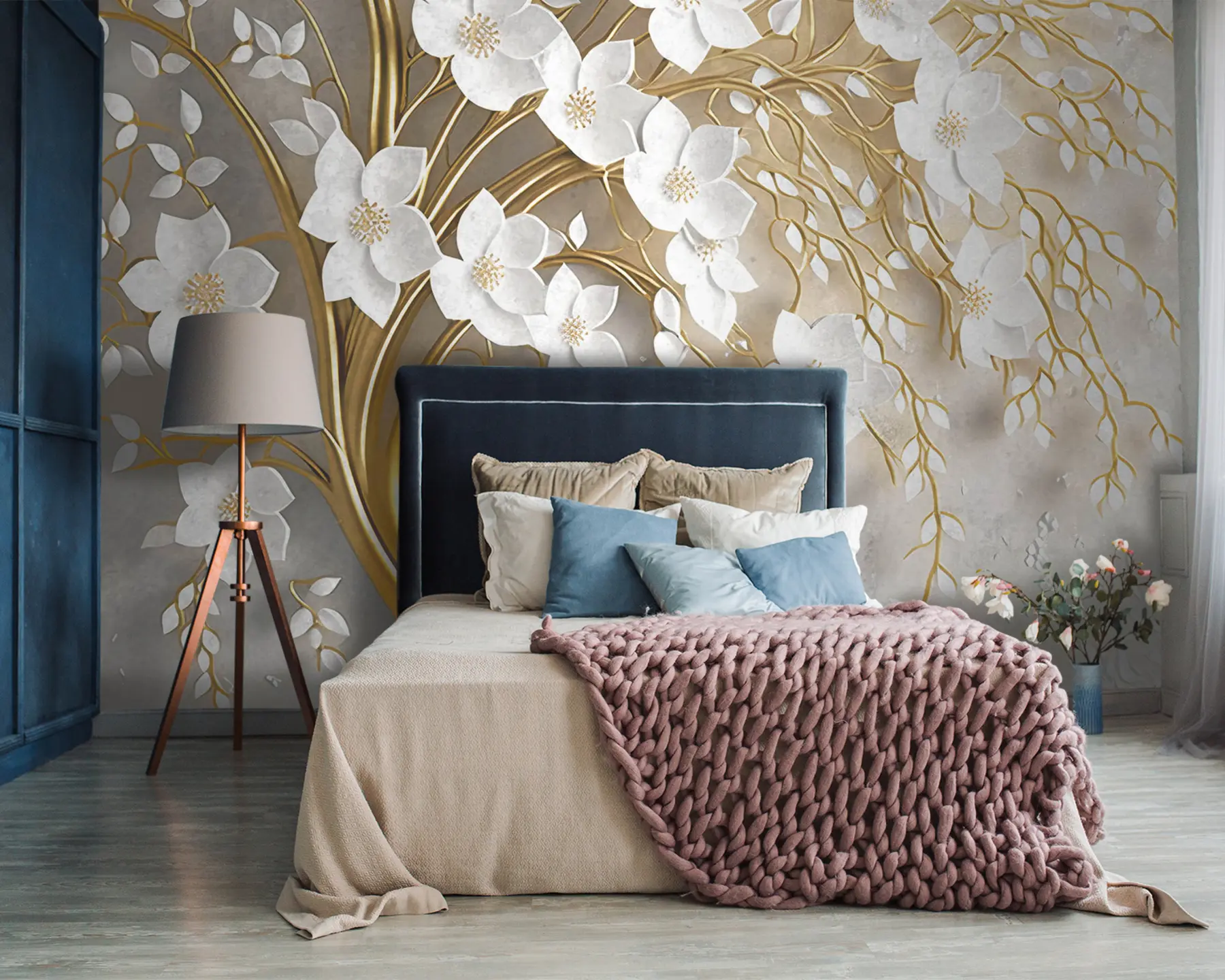 Carta da parati 3D Fiori albero con fiori bianchi n. u94015