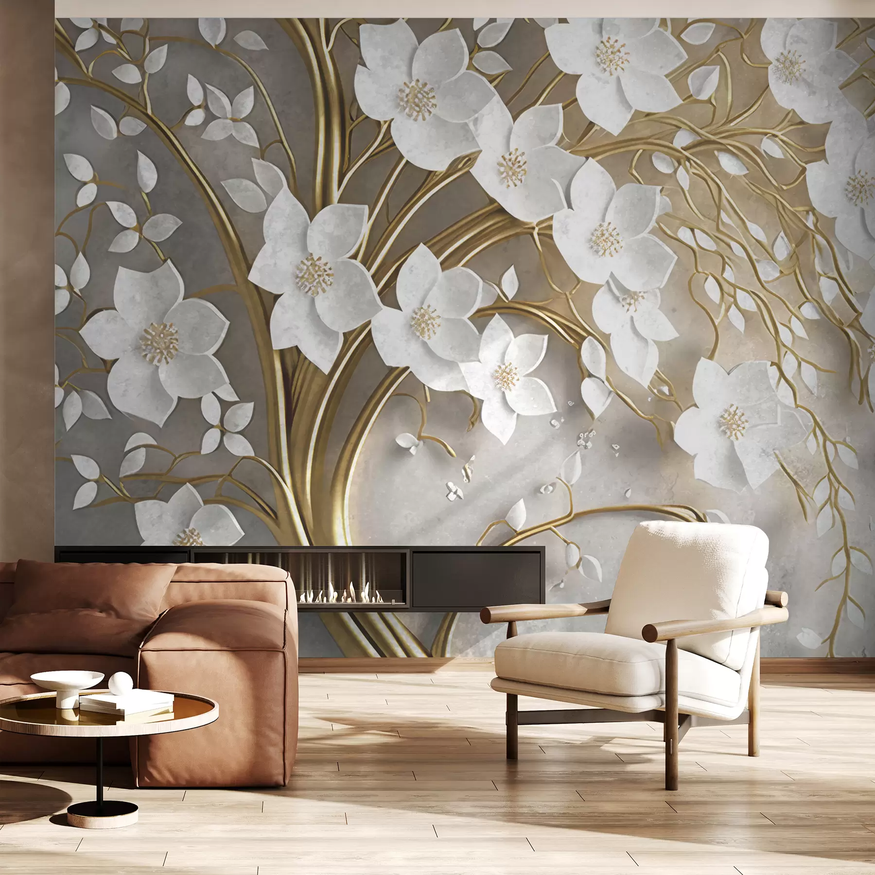 Carta da parati 3D Fiori albero con fiori bianchi n. u94015
