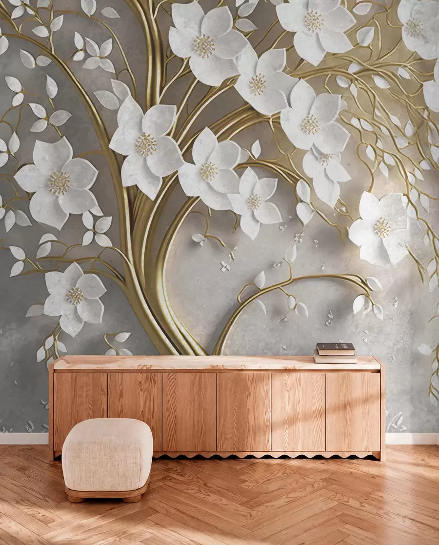 Carta da parati 3D Fiori albero con fiori bianchi n. u94015