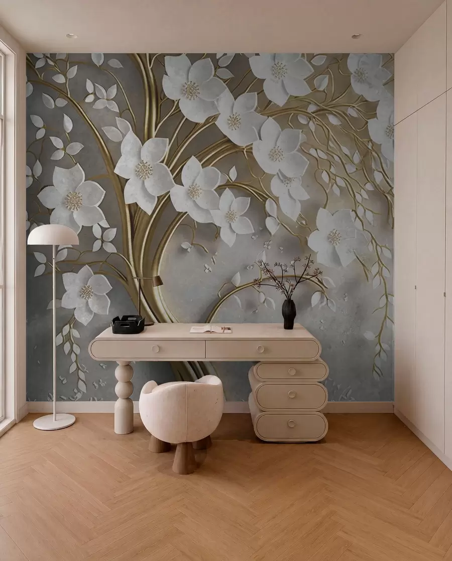 Carta da parati 3D Fiori albero con fiori bianchi n. u94015