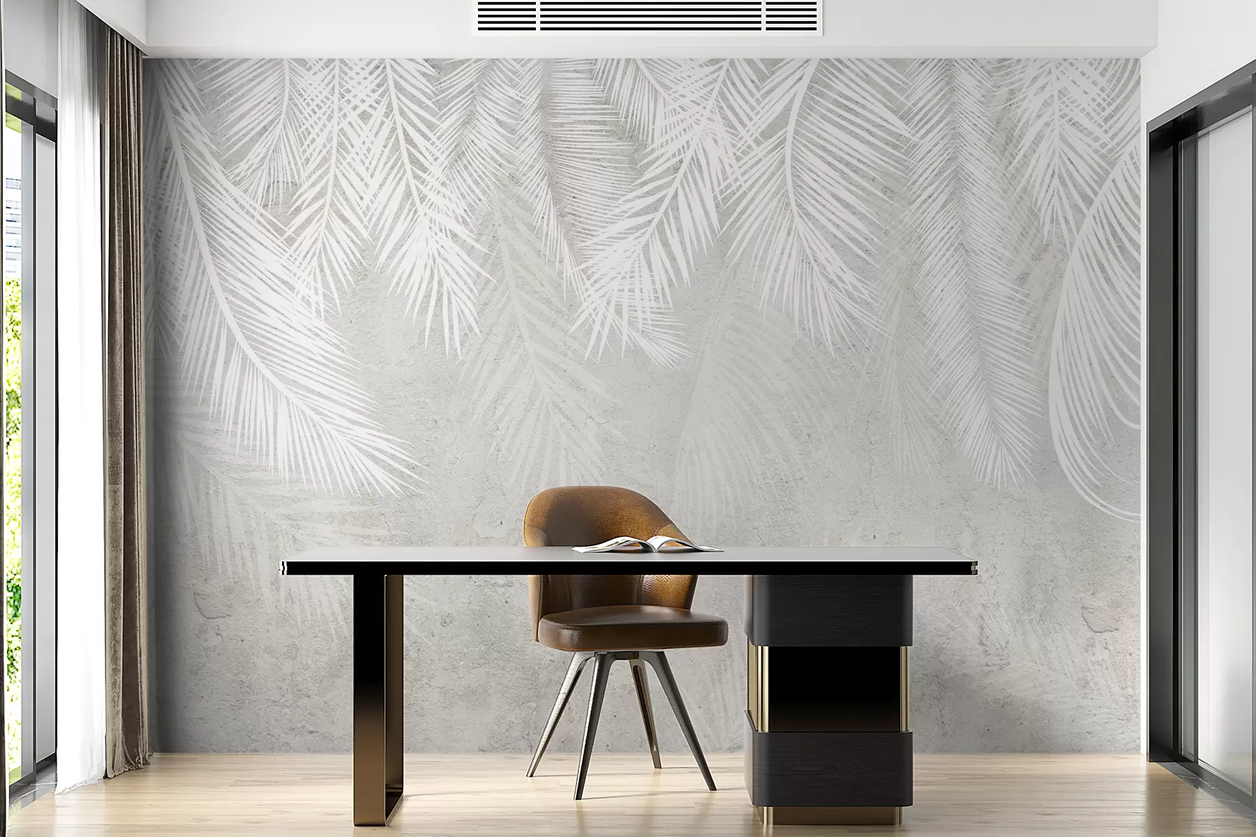 Carta da parati Tropici della Foresta Foglie di palma fragili bianche con texture grunge n. u94286