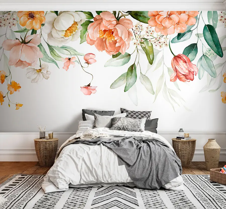 Carta da parati Floreale Bordo del bouquet - foglie verdi e fiori rosa sfumati su sfondo bianco n. u94427