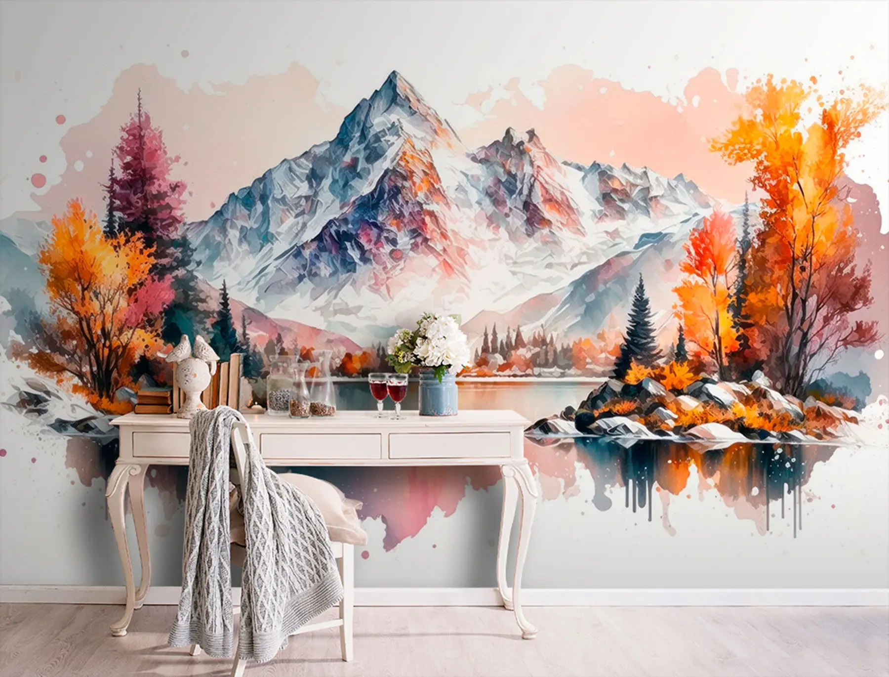 carta da parati Paesaggio autunnale di montagna dell'acquerello con neve sulle cime nr. u94782