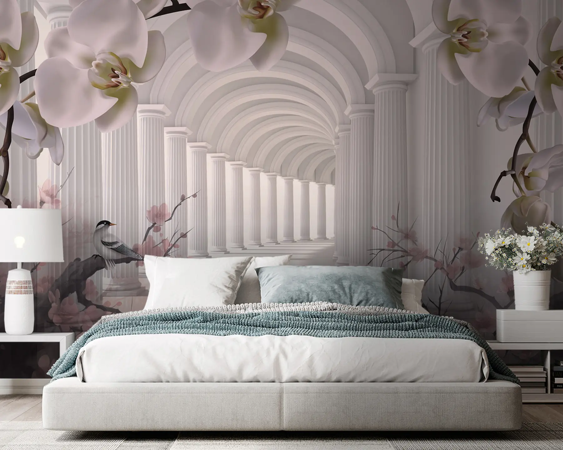 Carta da parati 3D Fiori Bellissimo tunnel con uccelli e orchidee n. u94513