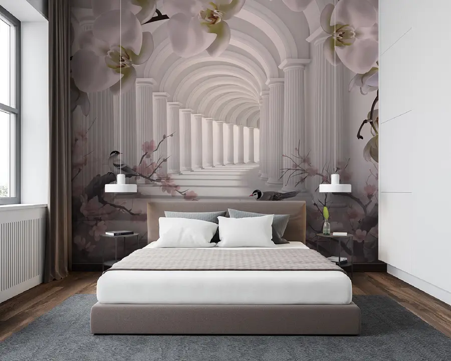 Carta da parati 3D Fiori Bellissimo tunnel con uccelli e orchidee n. u94513