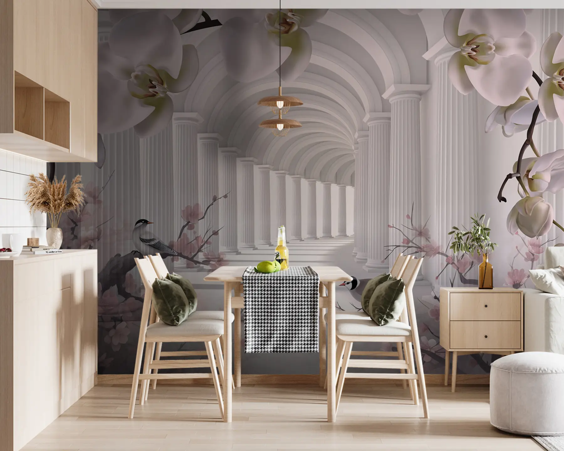 Carta da parati 3D Fiori Bellissimo tunnel con uccelli e orchidee n. u94513