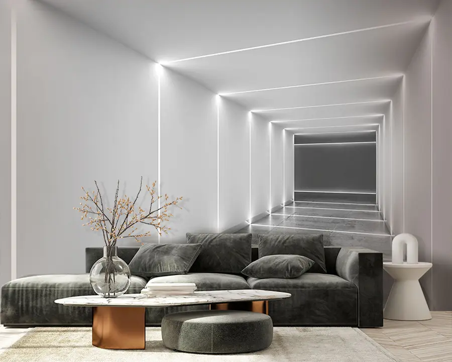 Carta da parati che aumenta lo spazio Tunnel bianco con pavimento in cemento lucidato