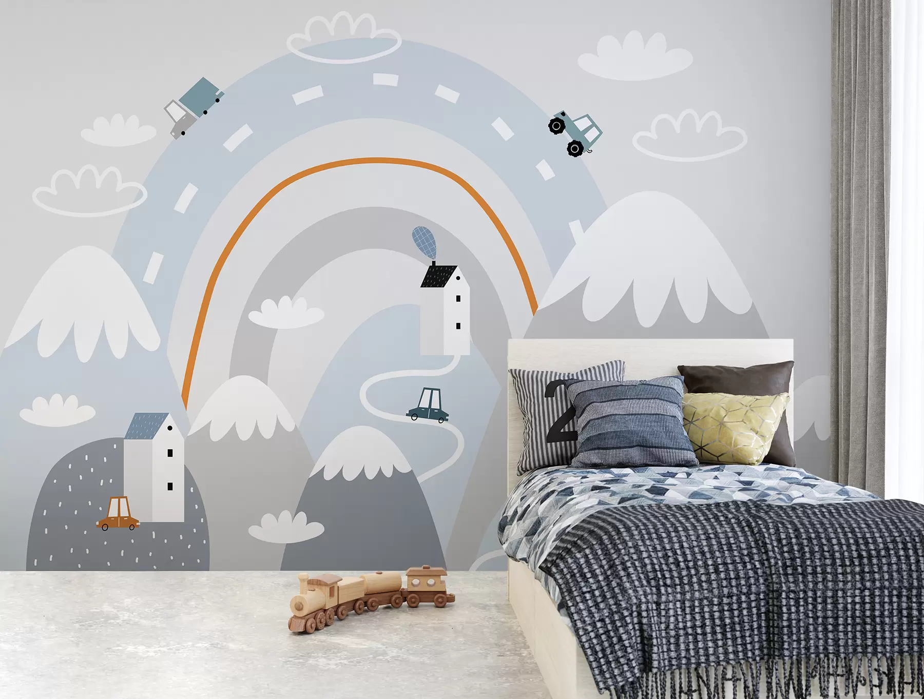Carta da parati per Bambini Città in montagna, case carine in stile scandinavo 