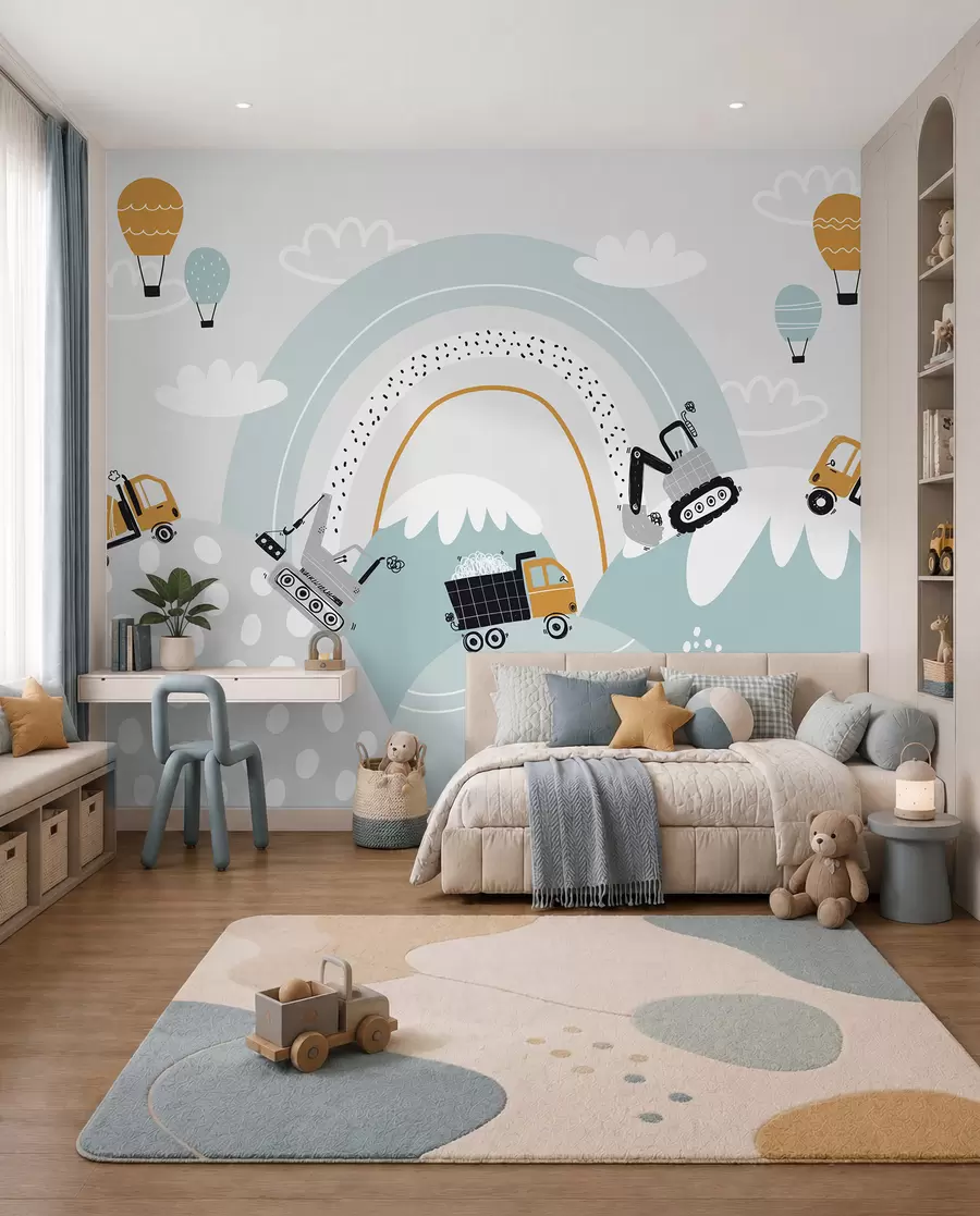 Carta da parati per Bambini Veicoli da cantiere, paesaggio montano, palloncini e nuvole in stile scandinavo 